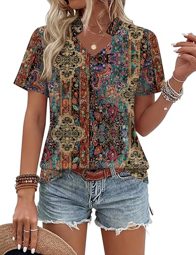 Kistore Shirts for Women Short Sleeve Floral Blouses 2026 Fashion Summer Clothes Business Work Top Ethnic Print M