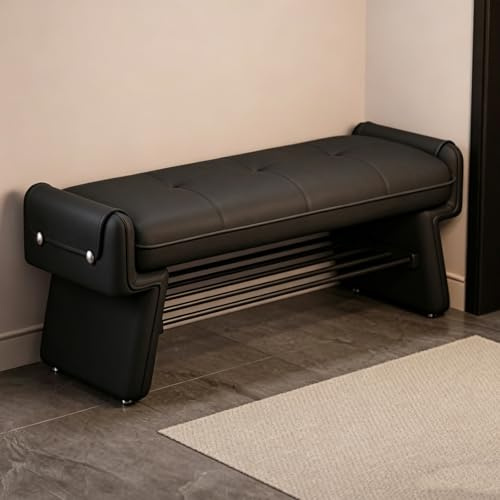 YITAYMLI Entryway Upholstered Shoe Changing Bench Genuine Leather Modern Long Luxury Ottoman Bench Solid Wood Frame and Thickened Tubing for Bedroom Hallway End of Bed(Black,143 * 30cm/56.3 * 11.8in)