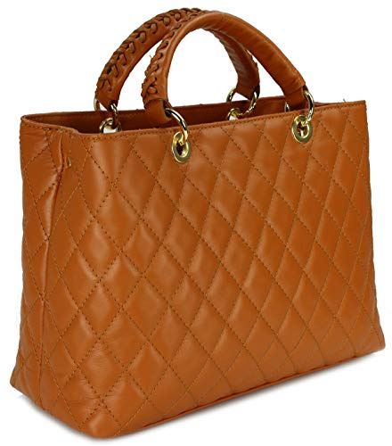 Belli edle italienische Echt Nappa Leder Damentasche Henkeltasche Umhängetasche gesteppt in cognac - 34x25x17 cm (B x H x T)