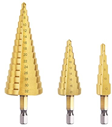 flintronic Broca Escalonada, 3PCS 4-12/20/32mm Broca Cónica HSS Titanio, Vástago Hexagonal, para Taladrar con Destornillador en Acero, Madera Latón, Aluminio, PVC