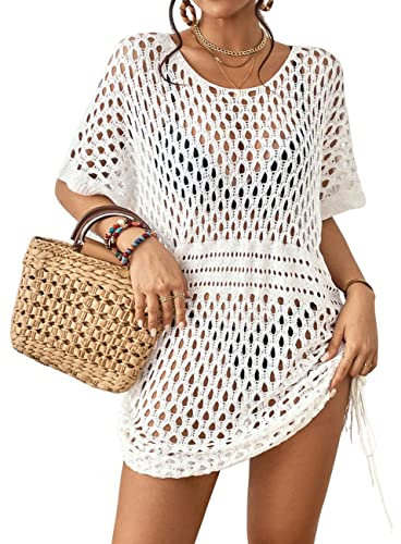 Bsubseach Frauen Häkeln Badeanzug Cover Up Hollow Out Bikini Bademode Strand Kleid stricken Badeanzug Cover Ups Sommer Outfits Weiß