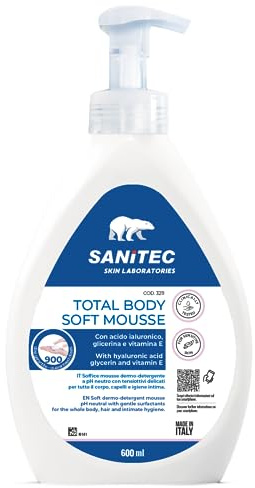 Sanitec Total Body Soft Mousse: Neutral Rengöringsmousse för kropp, hår och intim hygien, berikad med hyaluronsyra, glycerin, vitamin E och Panthenol, 600 ml