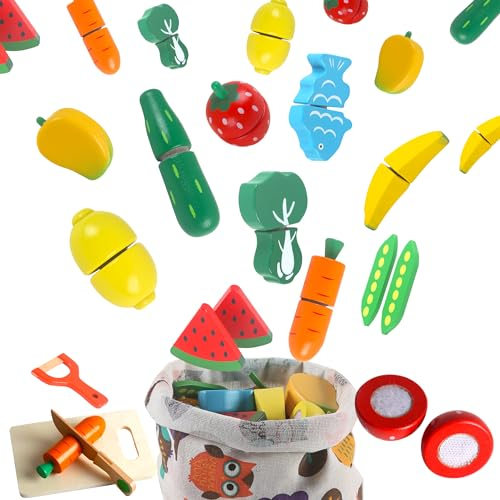 newlng Holzspielzeug Obst und Gemüse zum Schneiden für Kleinkinder Spielküche Zubehör Lernspielzeug Rollenspiele Geschenke zum Weihnachten Geburtstag Party Kindertag ( Klettverbindung )