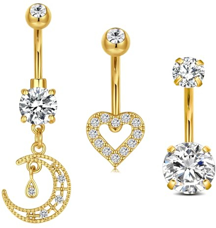 AVYRING Set di Barre per Ombelico in Acciaio Inox 14G Oro con Incastri in Zirconio, Set di 3 Barre per Ombelico per Piercing dell'Ombelico da Donna