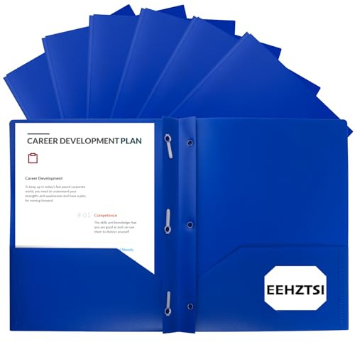 EEHZTSI 12-Pack Plastic Folders with Pockets and Prongs, 2-Pocket Poly Folders with 3 Fasteners Holds 8-1/2 x 11 Paper for School/Office/Home, Blue