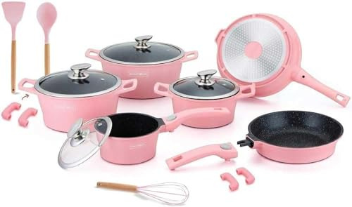 Batteria Pentole e Padelle 17 Pz in Alluminio pressofuso Antiaderente Rivestimento In Marmo ideale per Piano Induzione o Gas, Coperchi in Vetro e Utensili Inclusi Royalty RL-ES2014M (Rosa)