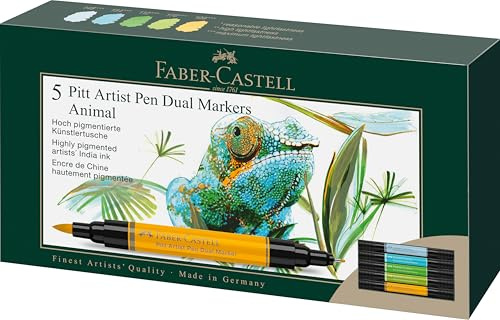 FABER-CASTELL - Stylos à encre Pitt Artist Pen Dual Animaux, 5 couleurs