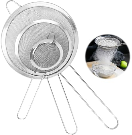 UKOFEW Set di Setaccio da Cucina,3 Pezzi 7/12/16 cm Colino Acciaio Inox Maglia Fine,Filtro Maglia fine con Maniglia,Filtro per Pasta, Riso, Verdura, Setacciare Farina, Albume (Argento)