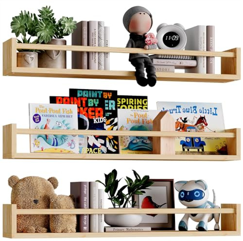 BAKAJI Set 3 Mensole da Parete in Legno, Scaffali a Muro Multiuso e Barra di Protezione Oggetti, Scaffalatura per Camera da Letto, Soggiorno, Cucina, Bagno, Libreria Salvaspazio 3 x 60 cm (Quercia)
