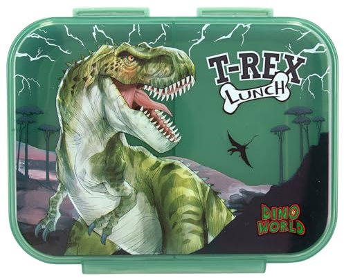 Depesche 12898 Dino World Reflector Dark Green Dinosaur Lightning Design Lunch Box with 3 Compartments and Transparent Lid, Multicoloured, One Size