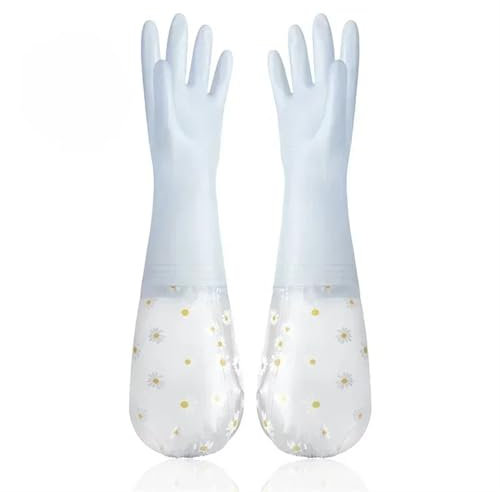 WENYOG Guante de Goma 5 Pares de Guantes Largos for Lavar Platos con cordón for el hogar, Impermeables, de Goma, Reutilizables, con Guante de Limpieza con Flores(Blue)