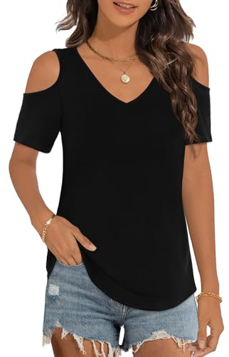 Elesomo Ladies Cold Shoulder Tops V Neck Summer Short Sleeve Casual T Shirts