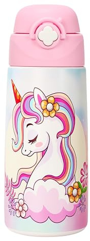 Ntswasd Girls Insulated Water Bottle with Covered Pop-Up Straw,16 oz Kids Cups with Stainless Steel Leak Proof for School Pink（Unicorn）