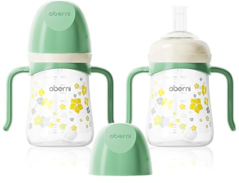 Oberni No Spill Sippy Cup, Weighted Straw Trainer Cup, Toddler Drinks Water Bottle with Leak-Proof Valve Spout for 6+ Months, 240ml/Green/2 Pack