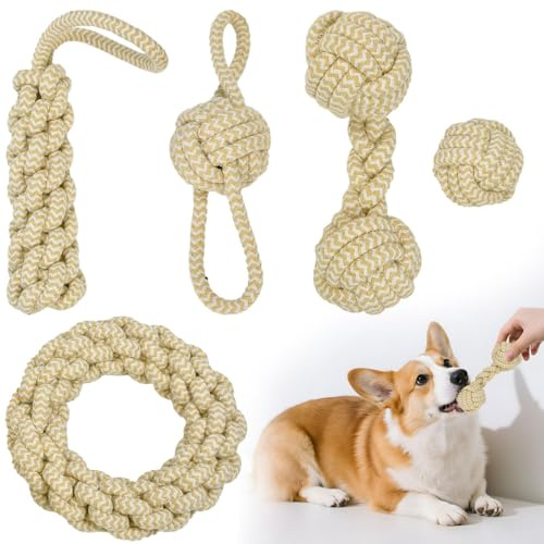 JNEYVIC 5 Pcs Cuerda Perro Juguete 5 Tipos Pelota Cuerda Algodón Trenzado Seguro Juego Tirar Juguete Mordedor Perro Pelota y Cuerdas con Doble Nudo/1 Nudo para Cachorros Perros Pequeños Medianos