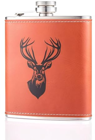 Flachmann Edelstahl 7oz – Edle Jäger Geschenke für Männer, Jagd Zubehör & Geschenk für Jäger, Premium Taschenflasche aus 304 Edelstahl mit Lederhülle