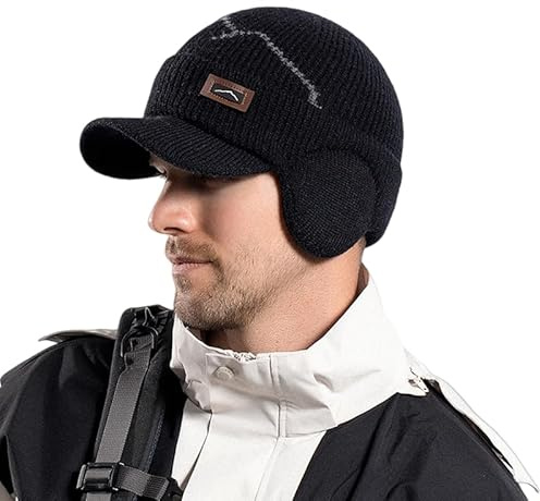 Bonnet Homme Hiver, Casquette Homme Hiver avec Cache Oreille, Bonnet Chaud Coupe-Vent Bonnet Polaire, Thermique Cache Oreille Unisex, Chapeaux d'Hiver Chauds Hommes pour Moto Ski Snowboard - Noir