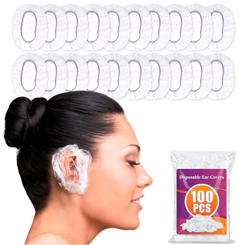 100 Pcs Ear Cover for Shower – Disposable Ear Covers for Hair Dryer – Easy to Stretch, Water-Resistant, Lightweight, Durable Plastic | Comfortable to Wear for Home, Spa, Travel, Hotel and Hair Dye Use