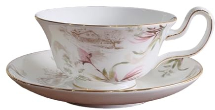 fanquare Conjuntos de Taza y Platillo de Porcelana Fina 250ml Rosa claro,Taza de Café con Patrón Floral Vintage y Borde Dorado para Té de la Tarde Regalo Boda y Hogar