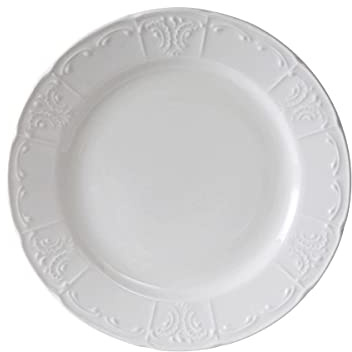 Tuxton China CHA-104 Plate, 10-1/2 Diameter, Round, Wide Rim, Embossed, Microwave and Dishwasher Safe, Oven Proof, Fully Vitrified, Chicago, Porcelain White, Pack of 12