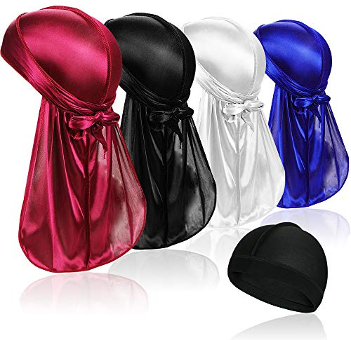 4 gorras sedosas Durag con cola larga y 1 gorro de seda ondulado perfecto para hombres 360 ondas.