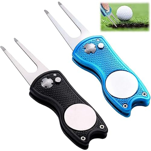 FGXY 2 Stück Pitchgabel Golf Klappbar, Switchblade, Golf Pitchgabel, Golf Reparatur Pitchgabel, mit Pop-up-Knopf und magnetischem Ballmarker, Edelstahl Golf Pitchgabel Reparaturwerkzeug, klappbar