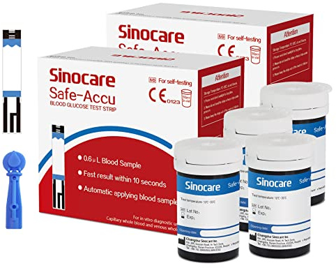 Sinocare Strisce reattive per glicemia, SOLO Per il glucometro Safe Accu, Preciso e Rapido della Glicemia, 100 strisce reattive + 100 lancette, per il monitoraggio della glicemia a casa