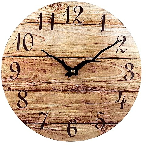 Plumeet Reloj de Pared, 30cm Relojes de Pared de Madera sin Marco con Movimiento de Cuarzo Silencioso, Relojes Rústicos de Aldea de Nogal Decorativos para Cocina Dormitorio Sala de Estar, Marrón