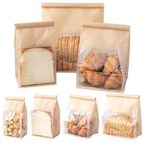 Roppolo 50 Pcs 3.9 Inch Bread Bags with Tin Tie, Mini Loaf Bags Made Of Brown Cotton Paper, Storage Packing Bag with Clear Window for Bakery, Cafe, Homemade Bread