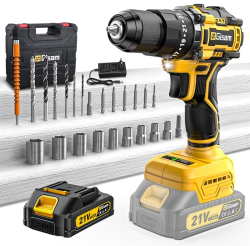 Taladro Percutor a Bateria 21V,Taladro Atornillador Bateria con,Atornillador Electrico 55Nm,23+3 Ajuste de Par,24 Accesorios,2 Velocidad, LED Luz Para Hogar,Bricolaje (1 x 2.0 AH Battery)