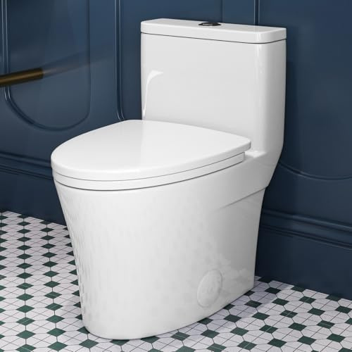 HOROW T0307W Elongated One Piece Toilet, Small Compact with Soft Close Seat, 1.1/1.6 GPF Powerful Dual Flush Toilet for Small Bathroom, 12 Rough-In Standard Toilet Bowl, White Modern Toilet