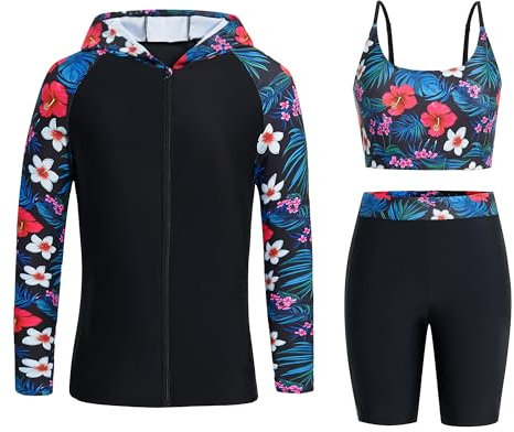 Owntop Damen 3-teiliger Rash Guard | UPF50+ Badeanzüge Kapuzen UV-Shirt | Langarm Reißverschluss Rashguard Shirts & Bikini Top & Hochtaillierte Boyshorts | Bescheidene Badebekleidung | Grün M