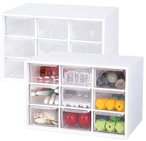 Confezione da 2 scatole per il fai da te, per cassetti e cassetti, con 9 cassetti, estraibili, trasparenti e bianche, per forniture e accessori