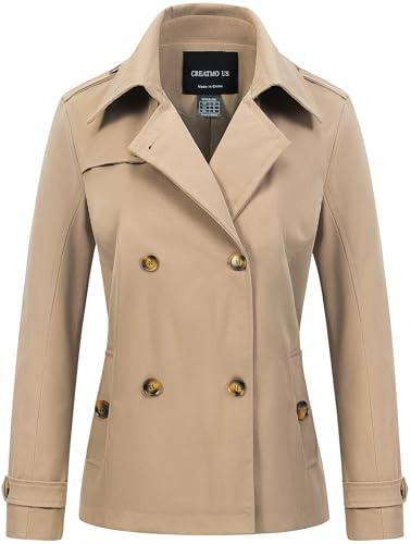 CREATMO US Coats for Women Cropped Trench Coat Ladies Waterproof Spring Jackets Lightweight Womens Long Sleeve Crop Lapel Double Breasted Loose Casual Jacket Khaki S