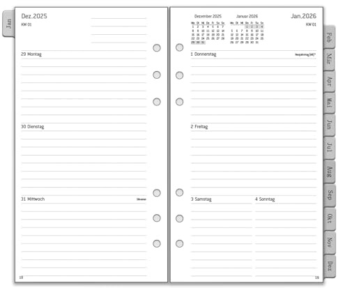 2026 Wochenplaner Einlage Personal A6, 6 Löcher, 1 Woche 2 Seiten mit Tabs, Passwort Notizen Kontakt, Jan.26 bis Dez.26, 100 GSM, Kalendereinlagen für Kalender 2026 Planer, 95x171mm, auf Deutsch