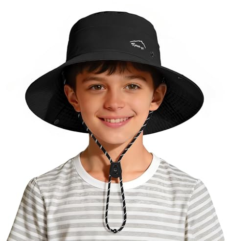 2-in-1 Kids Sun Visor Hat,UPF 50+ Waterproof Adjustable Bucket Hat for Outdoor Beach Hiking Fishing Camping Safari Casual Black One Size
