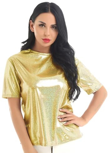 Haut Doré Femme, Hauts Métalliques Léger Chemisier Brillant Manches Courtes Blouse Scintillante Chic Élégante Casual pour Fête Clubwear