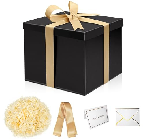 Scatola regalo con coperchio, 23 x 23 x 19 cm, profonda confezione regalo, grande con biglietti di auguri, busta, nastro, Raffia Hamper Shreds, riutilizzabile, per anniversari, San Valentino (nero)