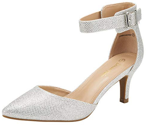 DREAM PAIRS Womens Court Shoes Pointed Toe Low Kitten Heel Ladies Pumps Ankle Strap Dress Sandals,Size 7,Silver/Glitter,LOWPOINTED