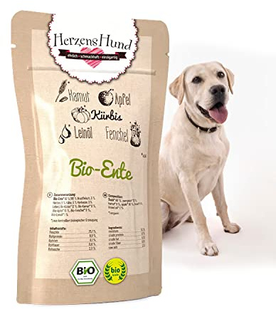 HerzensHund® (15 x 130g) | Bio-Ente Hundefutter mit Bio-Gemüse für ausgewachsene Hunde | Bio Zertifiziert | Super Premium Nassfutter für Erwachsene Hunde | 15er Pack