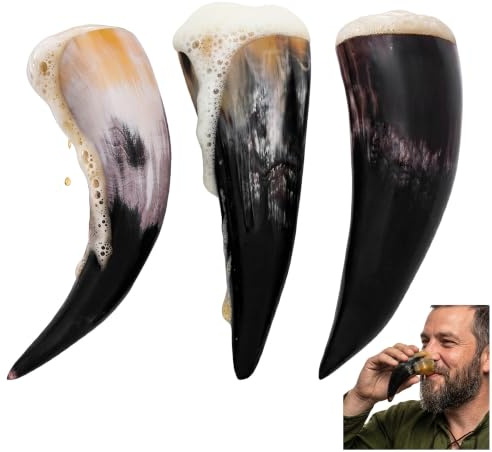 Lord of Battles Medieval Viking Drinking Horns Set of 3 Pieces Genuine Ox Horn Norseman Beer Drinking Vessel Horn for Ale Mead for Men and Women (Plain, 80-100 ML)