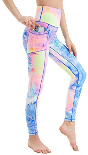 AMYTIS Sport Leggings Damen High Waist Yogahose mit Handyfach Lang Sporthose Blickdicht Leggins Fitness Bunt Sportleggins,L hellblau