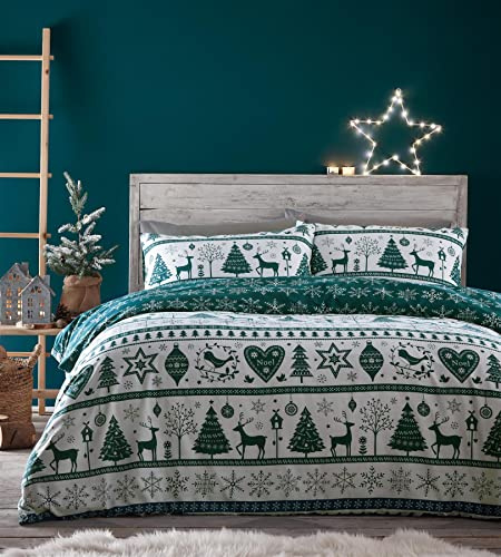 Portfolio Home Festive Noel Teal Green Duvet Cover Set Christmas Super King Bedding Set PNOED4C