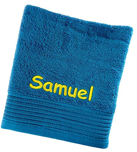 Schnoschi Handtuch mit Namen oder Wunschtext Bestickt, personalisiertes Duschtuch, individuelles Badetuch, Saunatuch oder Gästehandtuch mit Initialen, 100% Baumwolle, 30 x 50 cm türkis