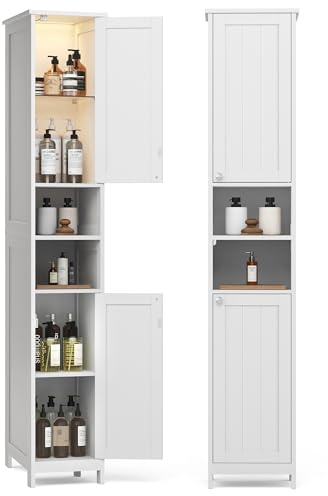 VASAGLE Tall Storage Cabinet with Lights, Slim Freestanding Cabinet with Adjustable Shelves, for Small Spaces, Bathroom, Living Room, Modern, 11.8 Inches Wide, Cloud White UBBC566W02V1