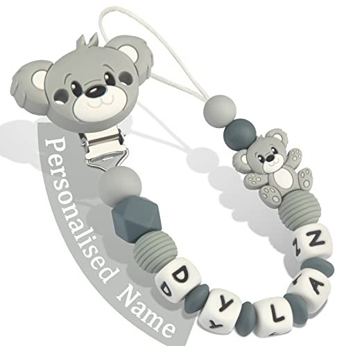 Yolnkos Cadenas Chupetes Personalizado para Bebé con Nombre Teddy Oso Chupetero Niño Chicas(Gris)