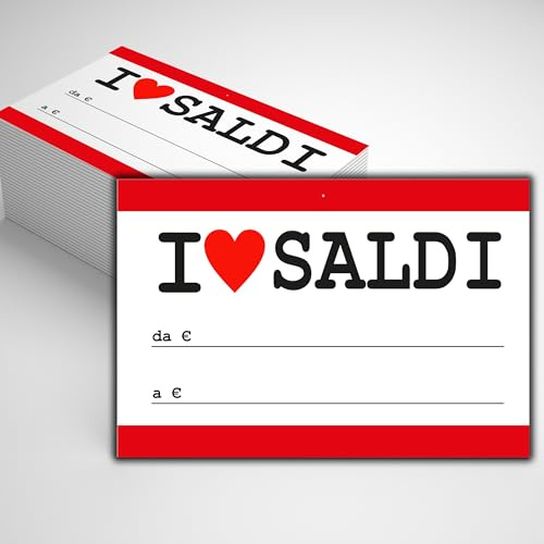 Cartellini Segnaprezzi, 100 Pezzi, 8,5x5,5 cm o 10x15 cm, Cartoncino Lucido 350 g, prezzi Saldi sconti (I LOVE SALDI, 8,5X5,5 CM)