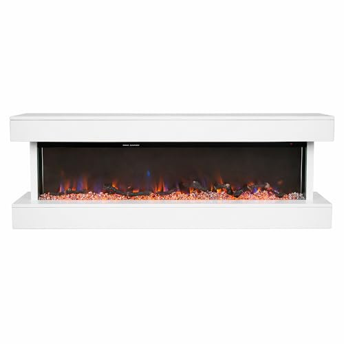 Tempo Style ALARO ULTRA+ elektrisk öppen spis | Inbyggd väggkamin | 750 W/1 500 W ventilerad kamin med fjärrkontroll, timer, stock- och kristalldekoration (vit, 152 cm)