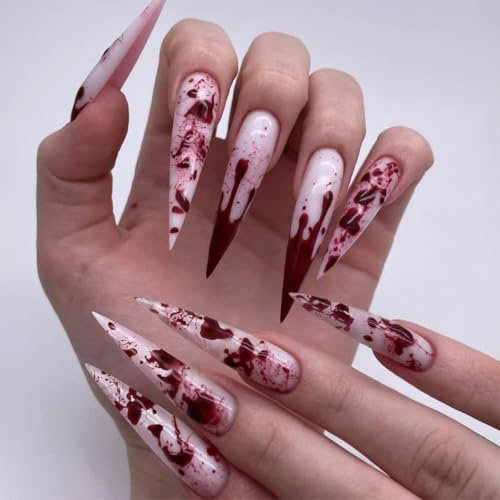GlamRays 24 Pezzi Stiletto Press on Nails Unghie Finte a Mandorla Lunga con Design di Sangue Rosso, Copertura Completa, Press ons, Unghie Artificiali in Acrilico, Unghie Adesive Finte