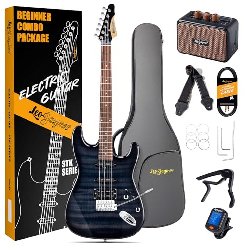 Leo Jaymz 39 Full Size ST Style Electric Guitar Starter Kit with SSH Pickup, 5W Portable Amp, Tuner, Gig Bag, Strap & Accessories(Black Flame 5W)